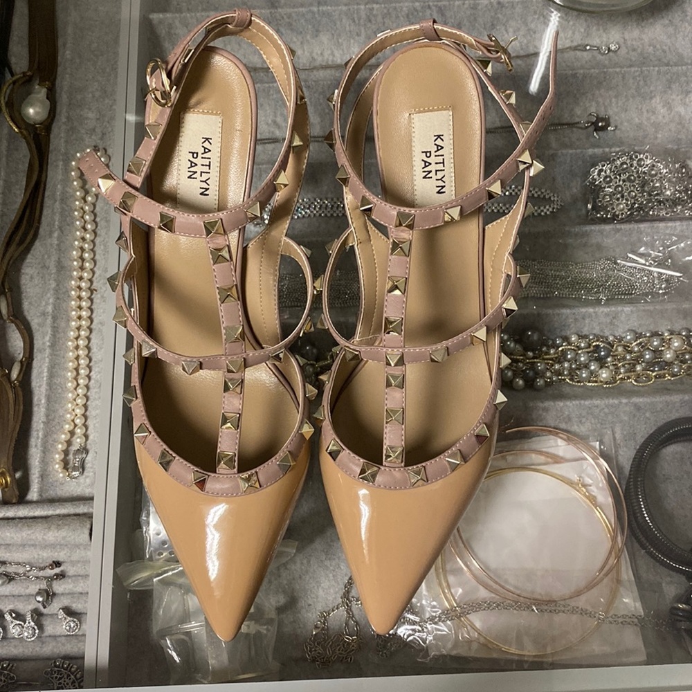 Kaitlyn Pan Beige Rockstud Caged Heels